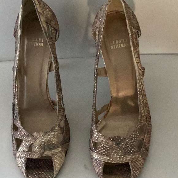 Stuart Weitzman Cream and Brown Heels Snakeskin Embossed Pattern Size 10 - Picture 2 of 5